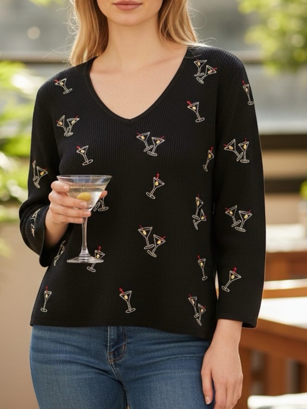 Vintage Black V-Neck Sweater Martini Cocktail Embroidery Chic Whimsy